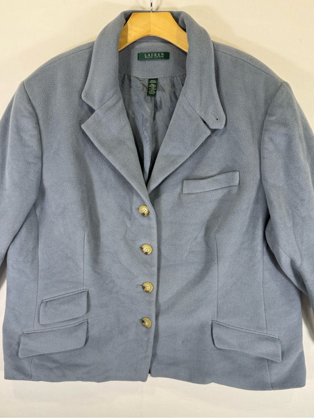 Ralph Lauren Slate Blue Wool-Blend Tailored Blazer with Gold Tone Buttons.